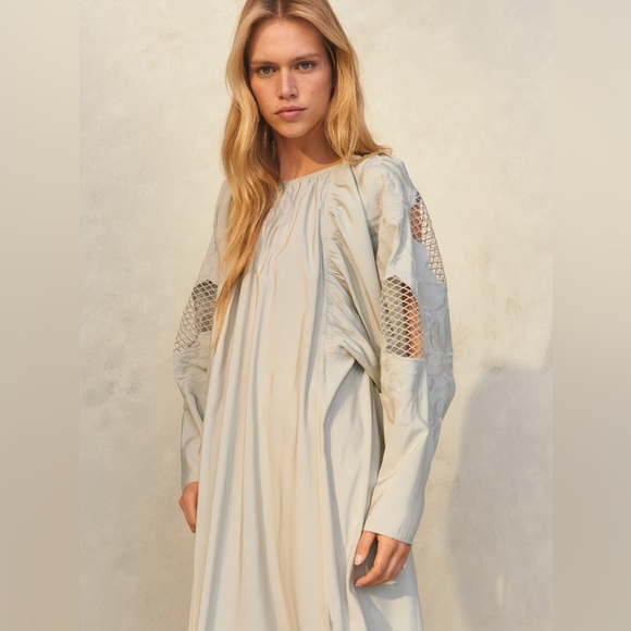 H&M Sage Green Voluminous Embroidery Lace Trimmed Full Sleeve Maxi Dress - Large - Picture 5 of 8